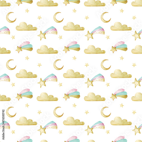 Seamless watercolor pattern with moon, shooting star, clouds and stars on a white background in cartoon style. Cute illustration in cartoon style for nursery for girls, packaging design, textiles