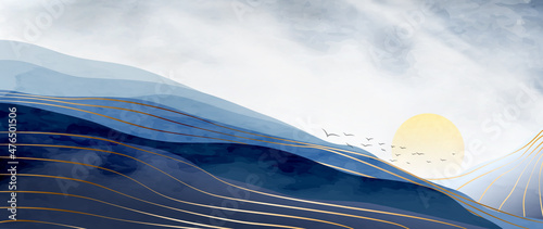 Watercolor background with mountains and golden lines. Landscape art banner in oriental style for wallpaper decoration, home interior design, print