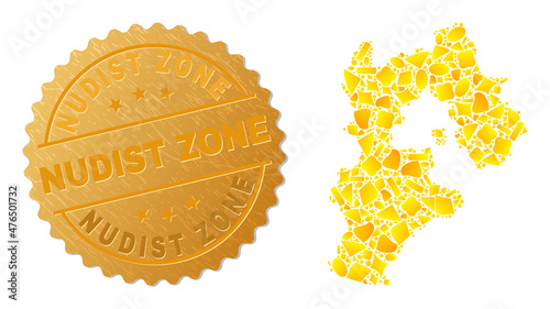 Golden composition of yellow elements for Hebei Province map, and gold metallic Nudist Zone stamp. Hebei Province map composition is organized of randomized gold elements. photo