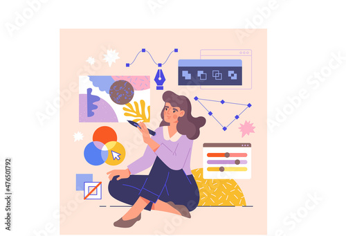 Girl designer concept. Woman creates pictures for websites and applications. Work as illustrator, freelancer, modern technologies. Coworking and telecommuting. Cartoon flat vector illustration