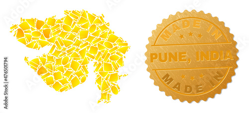 Golden collage of yellow particles for Gujarat State map, and gold metallic Made In Pune, India stamp seal. Gujarat State map collage is constructed from randomized gold.