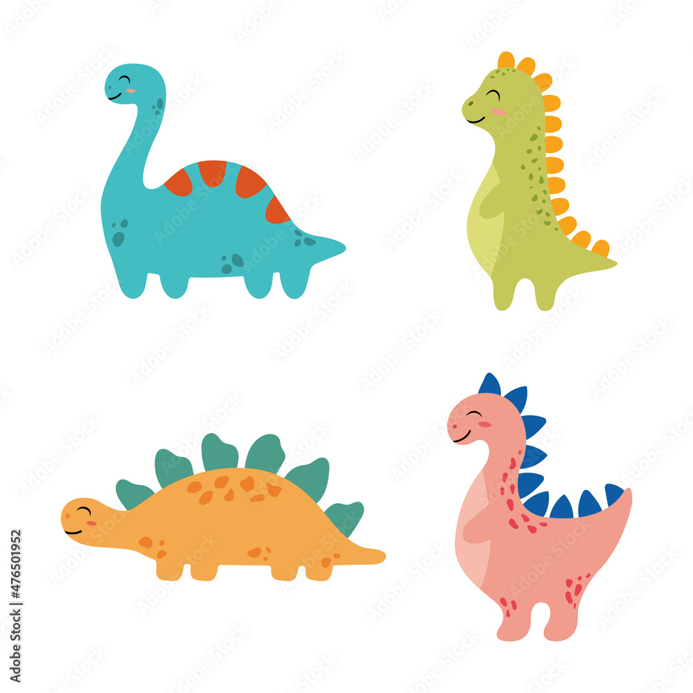 Set of cute cartoon dinosaurs in scandinavian style. Colorful design for kids, baby prints. Vector illustration isolated on white background. Set of cute cartoon dinosaurs in scandinavian style. Colorful design for kids, baby prints. Vector illustration isolated on white background.