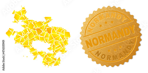 Golden combination of yellow particles for Alava Province map, and gold metallic Normandy seal. Alava Province map collage is constructed of randomized gold items. photo