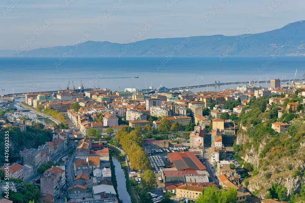 Rijeka old principal seaport aerial panoramic view