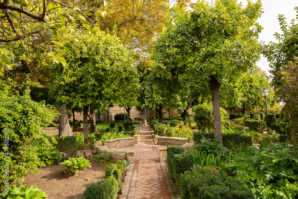 Garden with fruit and palm trees, cobblestone walking paths. Gardens at the Alcazar de los Reyes Cristianos in Cordoba, Spain.