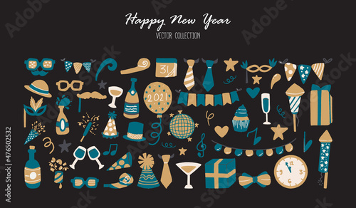 Happy New Year Individual Elements For Design and Decoration with Blue and Gold Color