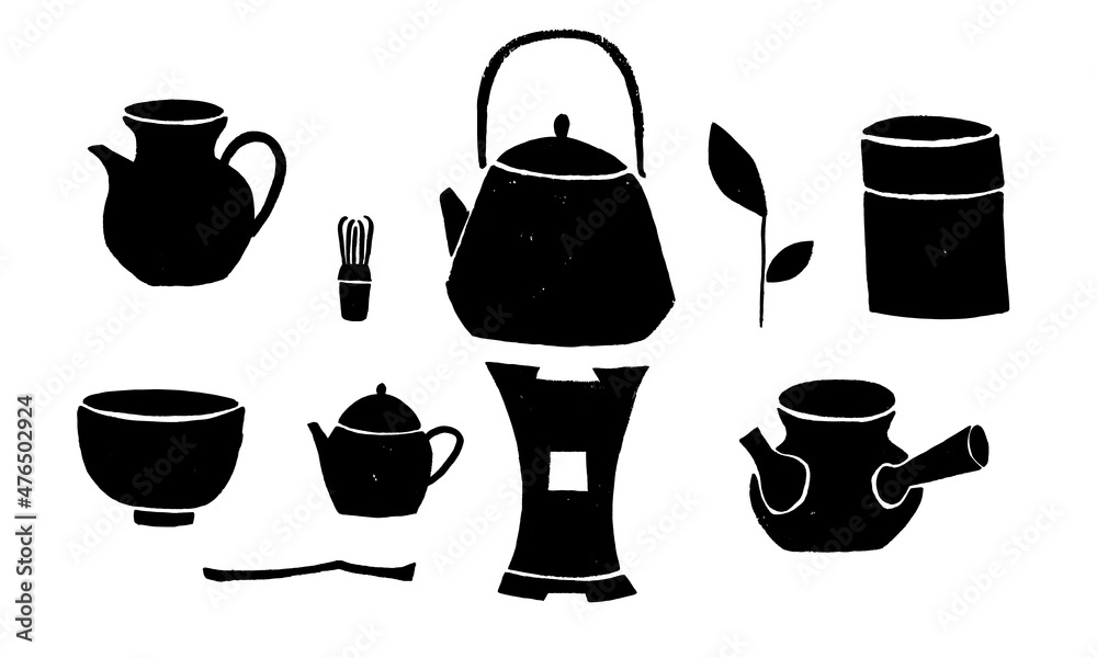 Vector set of isolated images of Japanese tea ware. Teapots, bowl, whisk. Illustration, flat, drawing. Tea ceremony, oriental tradition. Black on white.
