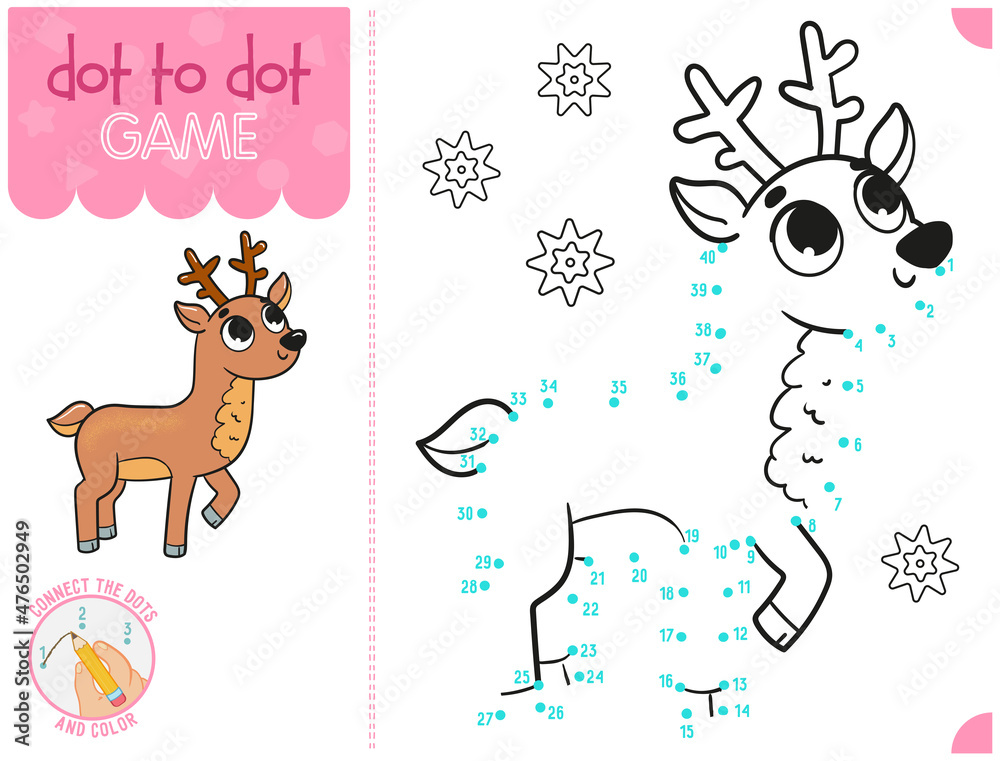 Numbers game for children. Education dot to dot game. Coloring page with reindeer Numbers game for children. Education dot to dot game. Coloring page with reindeer