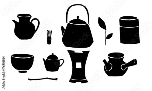 Vector set of isolated images of Japanese tea ware. Teapots, bowl, whisk. Illustration, flat, drawing. Tea ceremony, oriental tradition. Black on white.