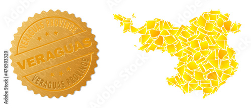 Golden mosaic of yellow fractions for Gerona Province map, and gold metallic Veraguas Province seal. Gerona Province map mosaic is organized of randomized golden items. photo