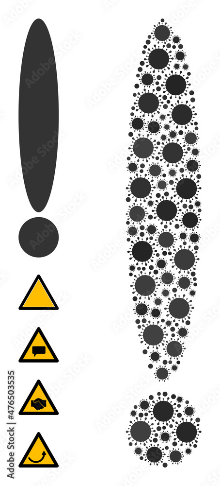 Exclamation sign mosaic icon. Vector mosaic done of scattered virus cell items. Virus cell mosaic exclamation sign icon and other icons. Exclamation sign collage for isolation templates. Exclamation sign mosaic icon. Vector mosaic done of scattered virus cell items. Virus cell mosaic exclamation sign icon and other icons. Exclamation sign collage for isolation templates.