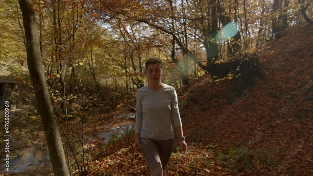 Young girl hiking in autumn forest. Walking towards the camera. Wearing sport clothes. Sunny autumn morning. Lens Flare Young girl hiking in autumn forest. Walking towards the camera. Wearing sport clothes. Sunny autumn morning. Lens Flare