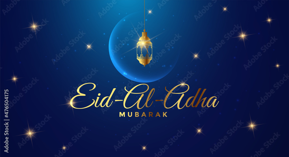 Naklejka premium Muslim holiday Eid al Adha Mubarak. Illustration of the Feast of sacrifice with golden letter on the dark night background. Graphic design of Eid al Fitr. Kurban Bayram festival