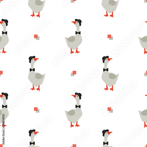 Seamless cartoon goose pattern for kids. Vector cute geese gentlemen illustration