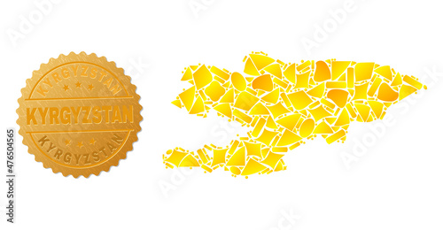 Golden combination of yellow elements for Kyrgyzstan map, and gold metallic Kyrgyzstan stamp seal. Kyrgyzstan map mosaic is designed with scattered golden elements. photo