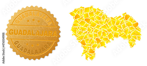 Golden composition of yellow spots for Guadalajara Province map, and golden metallic Guadalajara stamp. Guadalajara Province map mosaic is composed of random golden spots.