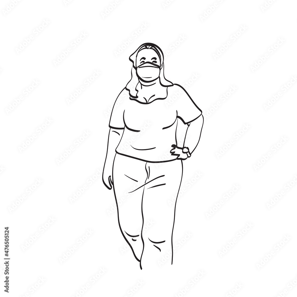 Fototapeta premium standing fat woman with medical mask illustration vector hand drawn isolated on white background line art.