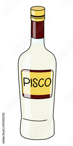 Peruvian or Chilean Pisco in a bottle. Doodle cartoon hipster style vector illustration isolated on white background. Good for party card, posters, bar menu or alcohol cook book recipe. photo