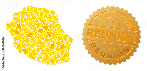 Golden combination of yellow for Reunion Island map, and gold metallic Reunion badge. Reunion Island map composition is designed of random golden.