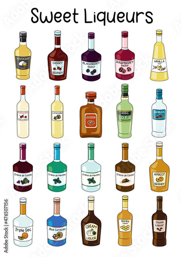 Collection set of classic Sweet Liqueurs. Doodle cartoon hipster style vector A4 A3 poster size illustration isolated on white background. For party card, bar menu, alcohol cook book recipe