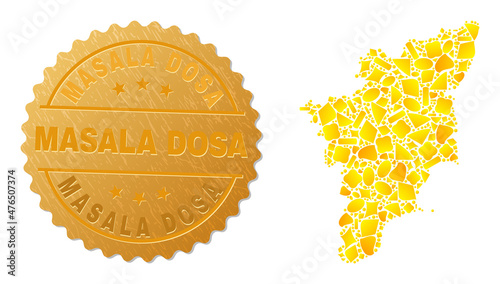 Golden collage of yellow for Tamil Nadu State map, and golden metallic Masala Dosa badge. Tamil Nadu State map collage is composed of scattered gold.