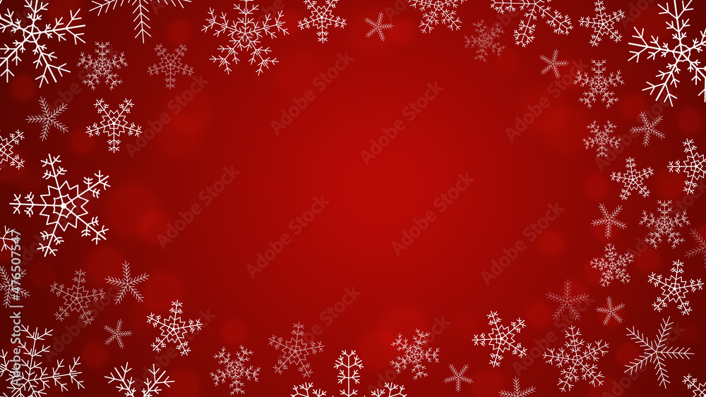 Snowflakes are white in a frame on a red blurred bokeh background. New Year, Christmas illustration with a place for your congratulatory text. Vector. Snowflakes are white in a frame on a red blurred bokeh background. New Year, Christmas illustration with a place for your congratulatory text. Vector.
