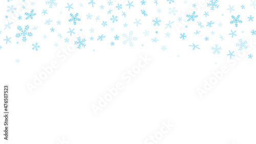Falling blue snowflakes on a white background with place for text. Vector illustration.