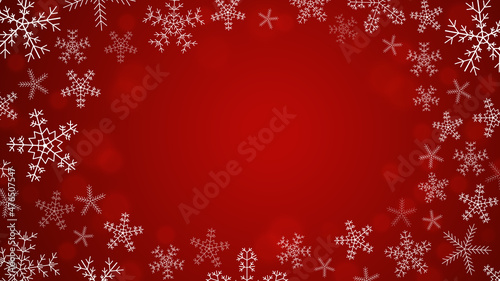 Snowflakes are white in a frame on a red blurred bokeh background. New Year, Christmas illustration with a place for your congratulatory text. Vector.