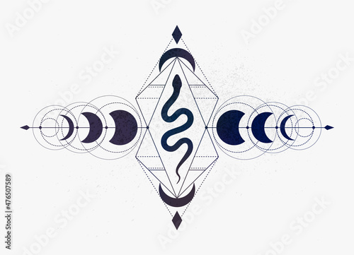 Linear vector design of magic snake symbol in emblem with moon phases in boho style on light background