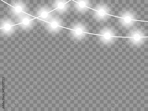 White glowing garlands  lights. Christmas festive  New Year decoration. Vector overlay template. Isolated background.