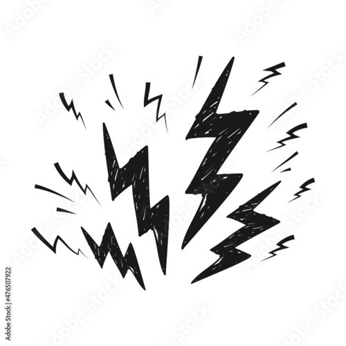 Set of electric lightning, thunder bolt in doodle style. isolated on white background. vector illustration