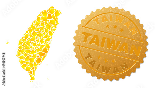 Golden composition of yellow parts for Taiwan map, and gold metallic Taiwan seal. Taiwan map composition is constructed of scattered gold elements. photo