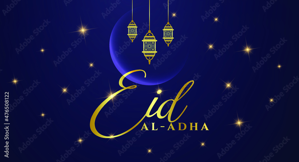 Fototapeta premium Muslim holiday Eid al Adha Mubarak. Illustration of the Feast of sacrifice with golden letter on the dark night background. Graphic design of Eid al Fitr. Kurban Bayram festival