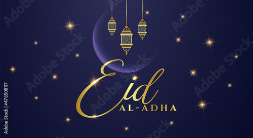 Muslim holiday Eid al Adha Mubarak. Illustration of the Feast of sacrifice with golden letter on the dark night background. Graphic design of Eid al Fitr. Kurban Bayram festival