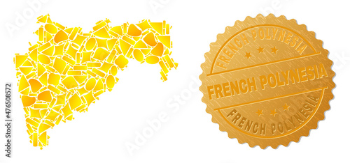 Golden mosaic of yellow items for Maharashtra State map, and golden metallic French Polynesia seal. Maharashtra State map collage is formed of scattered golden spots.