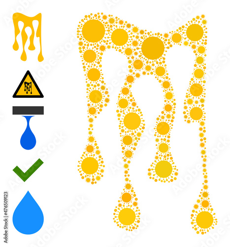 Sticky honey drops mosaic icon. Vector mosaic formed of scattered Covid-2019 elements. Covid-2019 mosaic sticky honey drops icon, and more icons. Sticky honey drops collage for medical images.