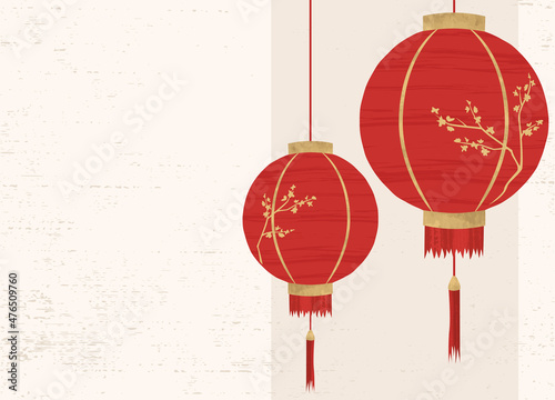 Chinese new year lanterns and copyspace, in a cut paper style with textures
