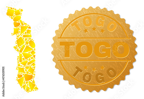 Golden composition of yellow elements for Togo map, and gold metallic Togo stamp seal. Togo map composition is done from random golden.