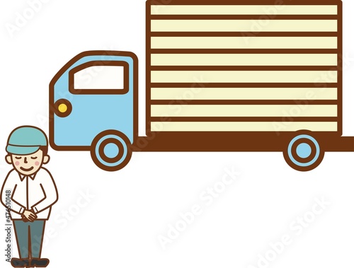 手を前に組み、頭を下げる運転手とトラック。