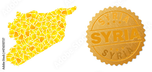 Golden collage of yellow elements for Syria map, and golden metallic Syria seal. Syria map composition is created of scattered golden parts.