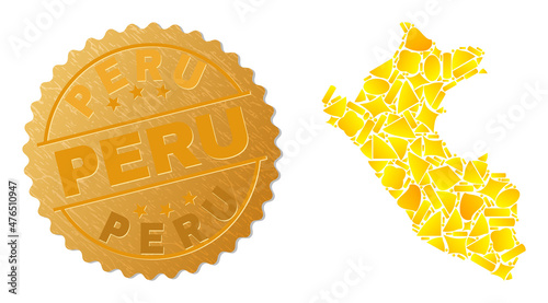 Golden combination of yellow particles for Peru map, and gold metallic Peru stamp seal. Peru map composition is created of randomized gold particles.
