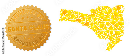 Golden composition of yellow parts for Santa Catarina State map, and golden metallic Approved By Santa Claus badge. Santa Catarina State map composition is composed of randomized golden.