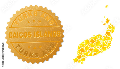 Golden collage of yellow items for Lanzarote Islands map, and gold metallic Turks And Caicos Islands stamp seal. Lanzarote Islands map collage is constructed with randomized gold particles.