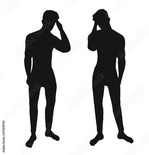 two boys silhouettes touching with hand on the head like say hi or have a problem