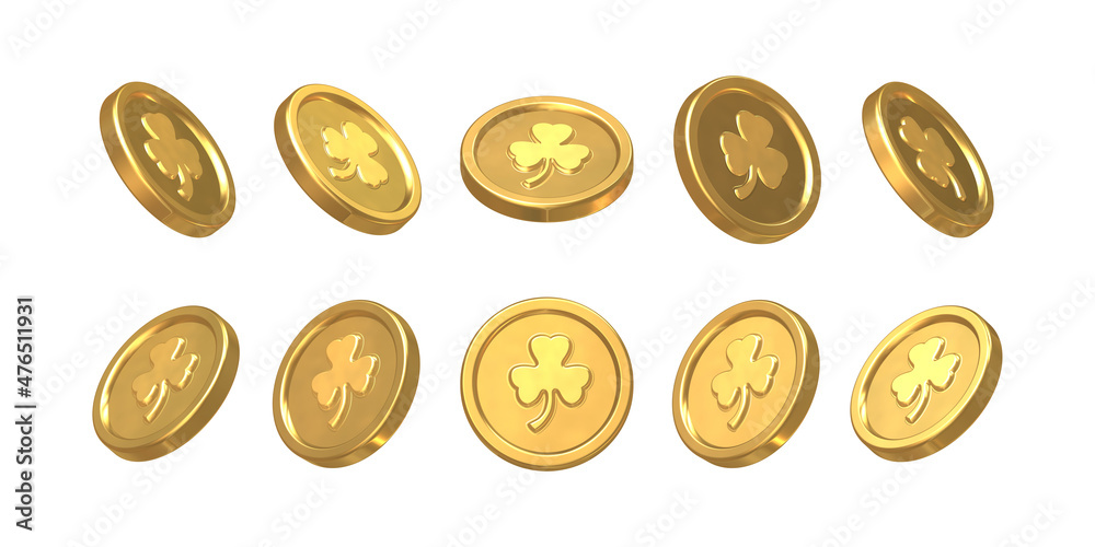 Gold Coin with Shamrock. Set of 3d three-leaf clover golden coins. Elements for Saint Patrick's day. Isolated on white background