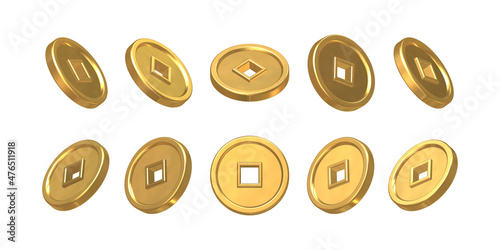 Asian Gold Coin. Set of realistic golden chinese coins with hole. Symbol of wealth, prosperity, good luck. Decoration elements for oriental New Year design. Isolation on a white background