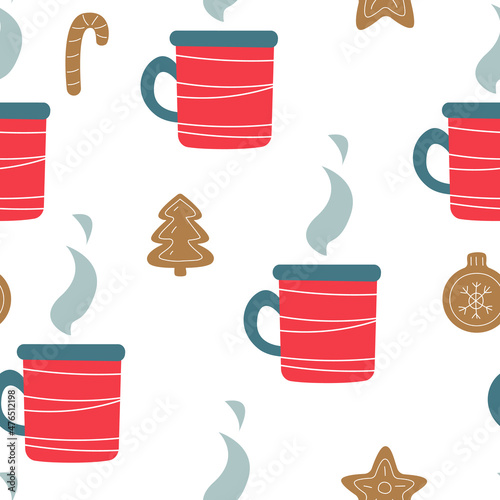 Seamless pattern, Cute Christmas decor with a mug of tea and gingerbread. Cocoa or coffee in a red cheerful cup. Cheerful children's print for textiles, postcards, clothes. Vector color illustration.