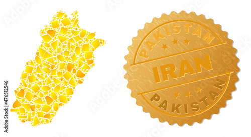 Golden combination of yellow fractions for Punjab Province map, and gold metallic Pakistan Iran seal imitation. Punjab Province map collage is organized of randomized golden particles.