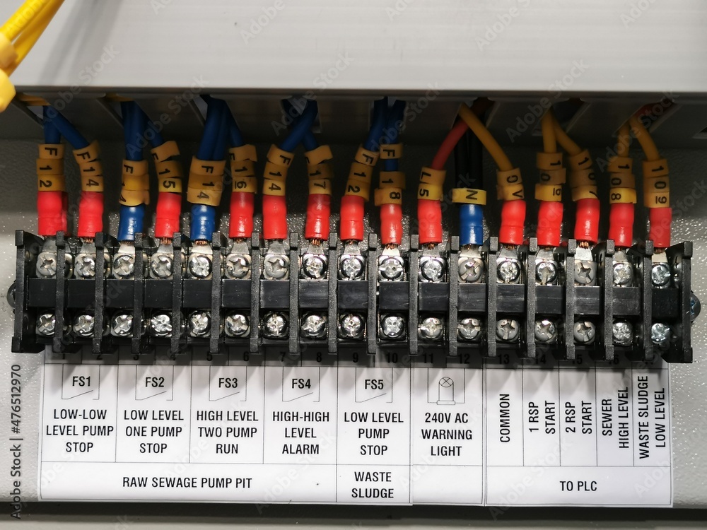 Photo of screw type terminal block connection in electrical cabinet.