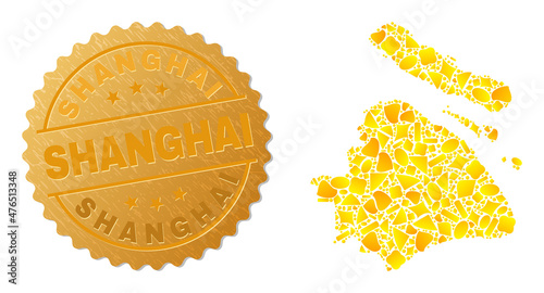 Golden mosaic of yellow particles for Shanghai City map, and gold metallic Shanghai seal. Shanghai City map mosaic is made of scattered gold parts.